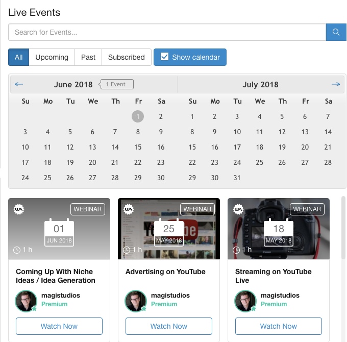 Events calendar at Wealthy Affiliate