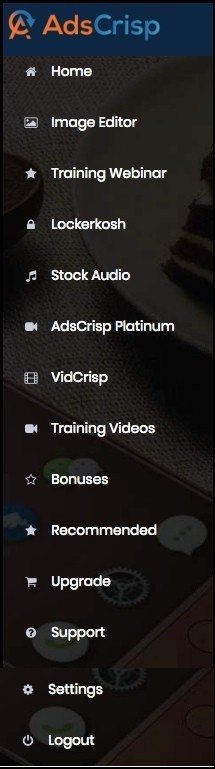 AdsCrisp menu inside the member's area