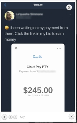 Clout Pay uses fake testimonials like this Tweet.