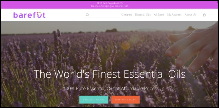 Barefut essential oils homepage.