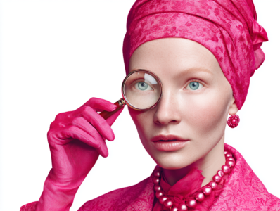 Woman in a bright pink outfit looking through a magnifying glass.