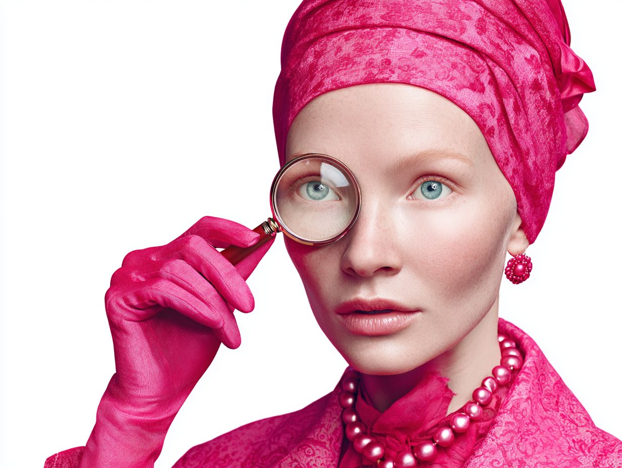 Woman in a bright pink outfit looking through a magnifying glass.