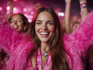 Smiling woman front-row at a concert.