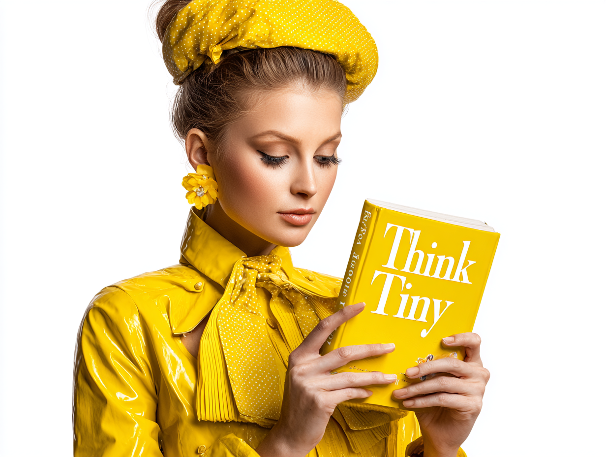 Woman in yellow reading a book that says "Think Tiny" on the cover.